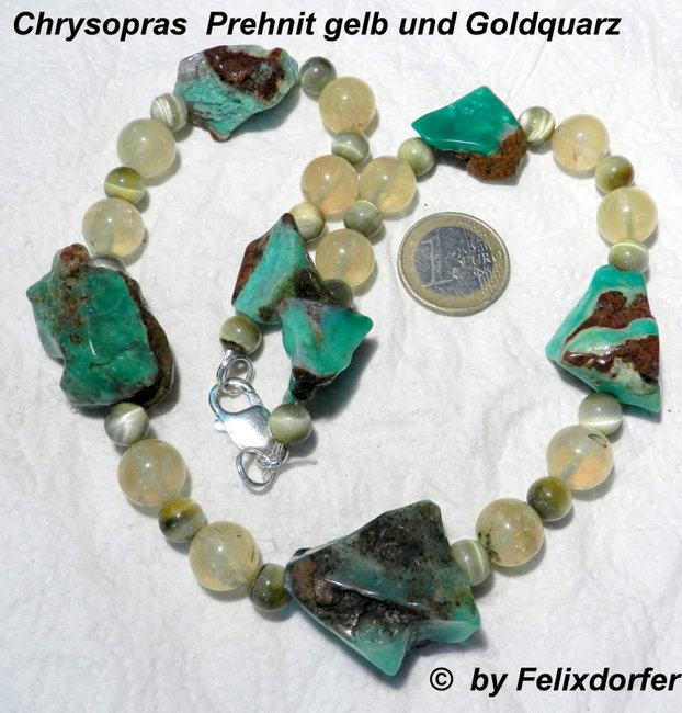 Chrysopras mit  gelbem Prehnit und Goldquarz