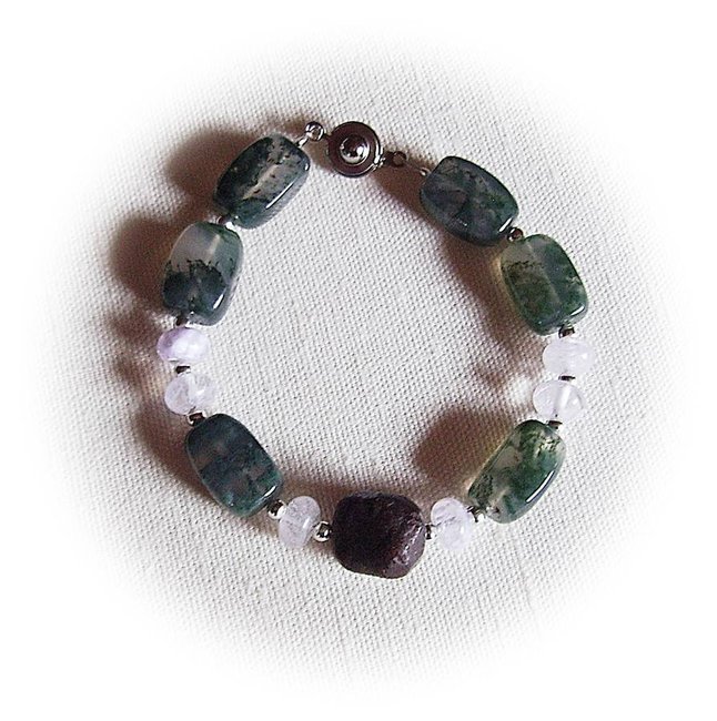 Armband Moosachat, Granat mit Bergkristall