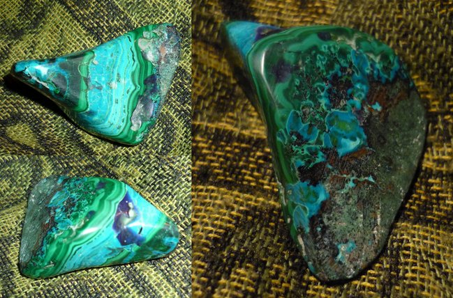 Chrysokoll aus Peru<br />Im Stein ist auch Malachit und Türkis enthalten. Ausserdem hat er dunkelblaue Flecken. Könnte das vielleicht Azurit sein?