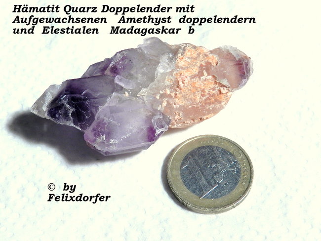 Hämatit Doppelender mit aufgewachsenen Amethyst Doppelender und Elestialen Madagaskar b.jpg