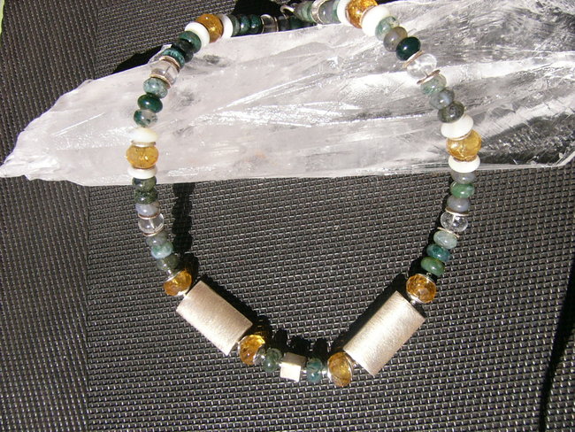 Kette mit Moosachat ,Bergkristall,Perlmutt und Citrin