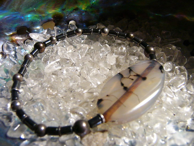 Achat Hämititwalzen und Silberkugeln Armband auf Silikon aufgezogen